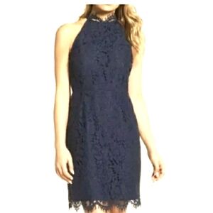 BB Dakota size 8 Navy with lace overlay Scallop Fringe Hem Dress NWT